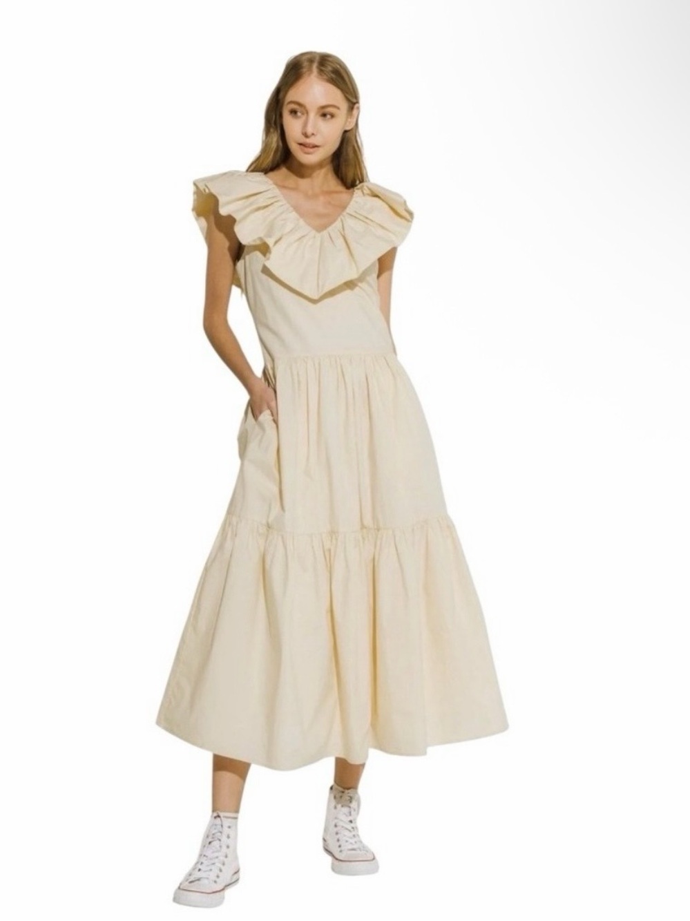 English Factory 100% Cotton Beige Ruffled Neck Midi Dress Size Medium NWT